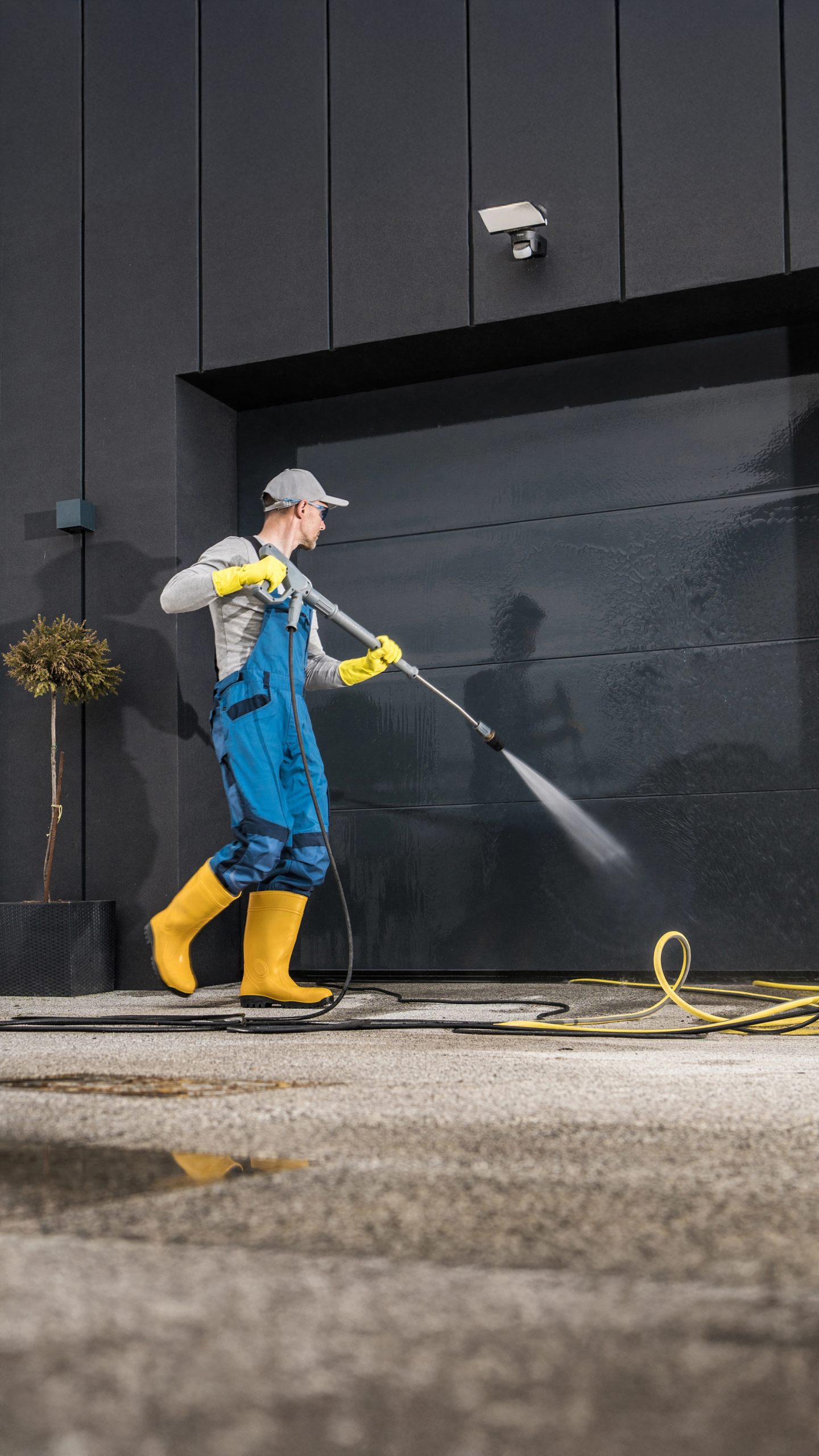 A person wearing a gray cap, gray long-sleeve shirt, blue overalls, and yellow rubber boots is power washing a black garage door. There is a hose on the ground, and the surface appears wet. A small tree is visible nearby.